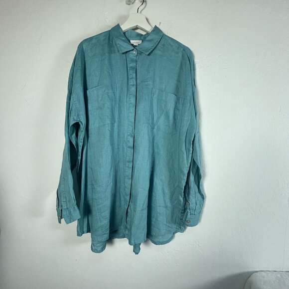 J.Jill Love Linen Womens Blue Button-Up Shirt Large Long Sleeve Pockets Casual - Picture 1 of 8